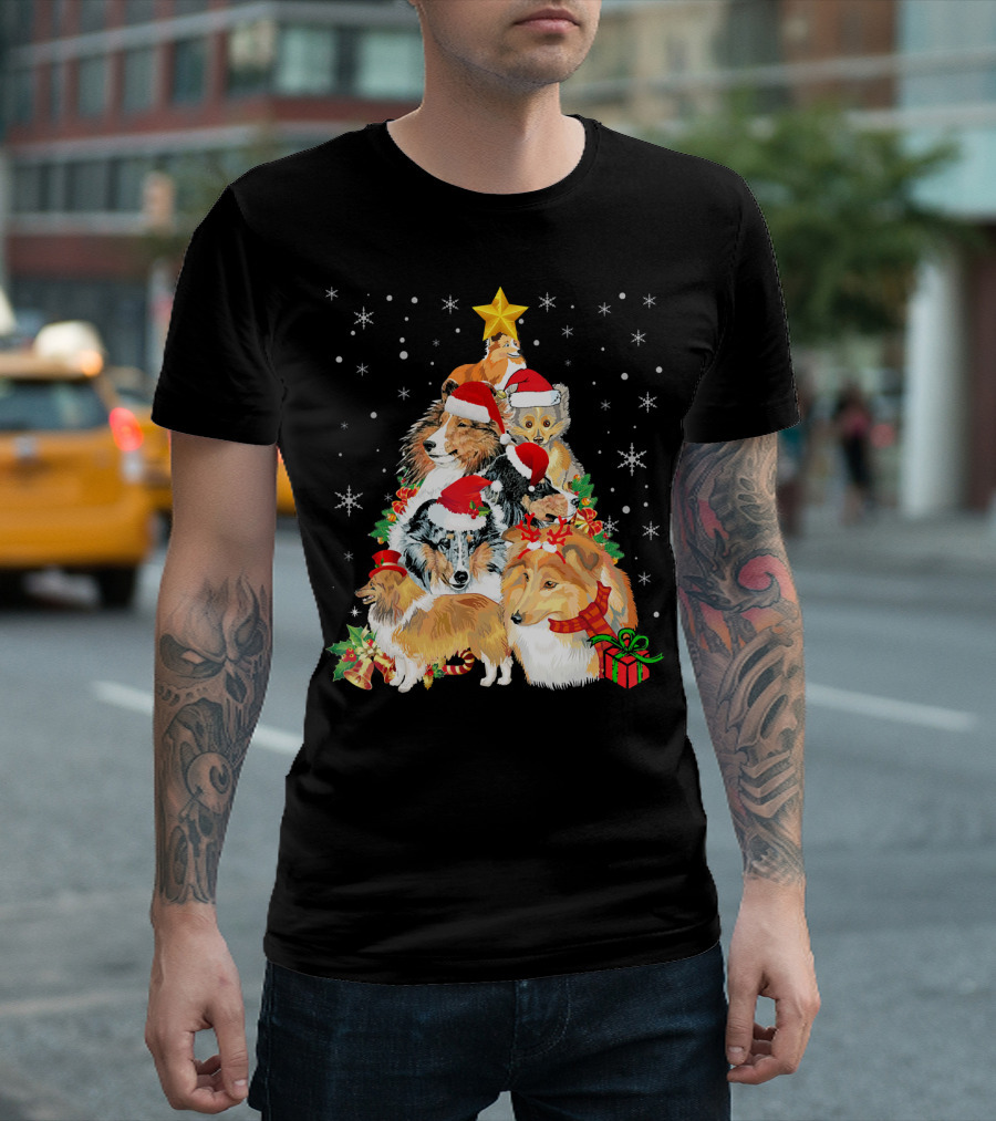Sheltie Dogs in Santa Hats Forming Christmas Tree with Stars and Gifts T-Shirt