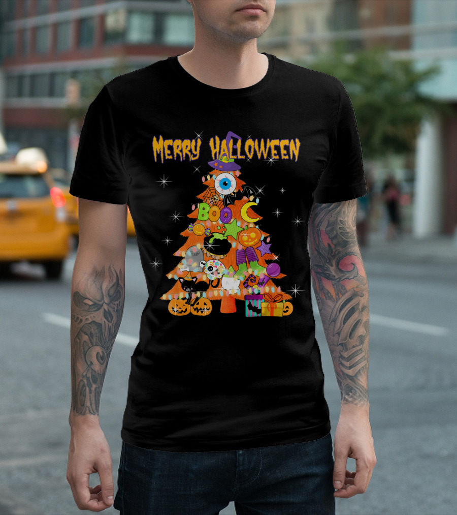 Merry Halloween Tree With Cute Boo Decorations And Spooky Elements T-Shirt