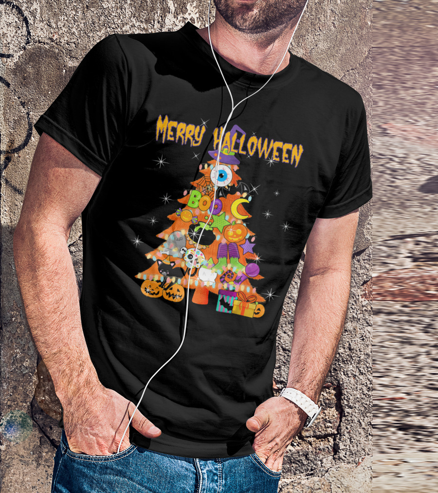 Merry Halloween Tree With Cute Boo Decorations And Spooky Elements T-Shirt