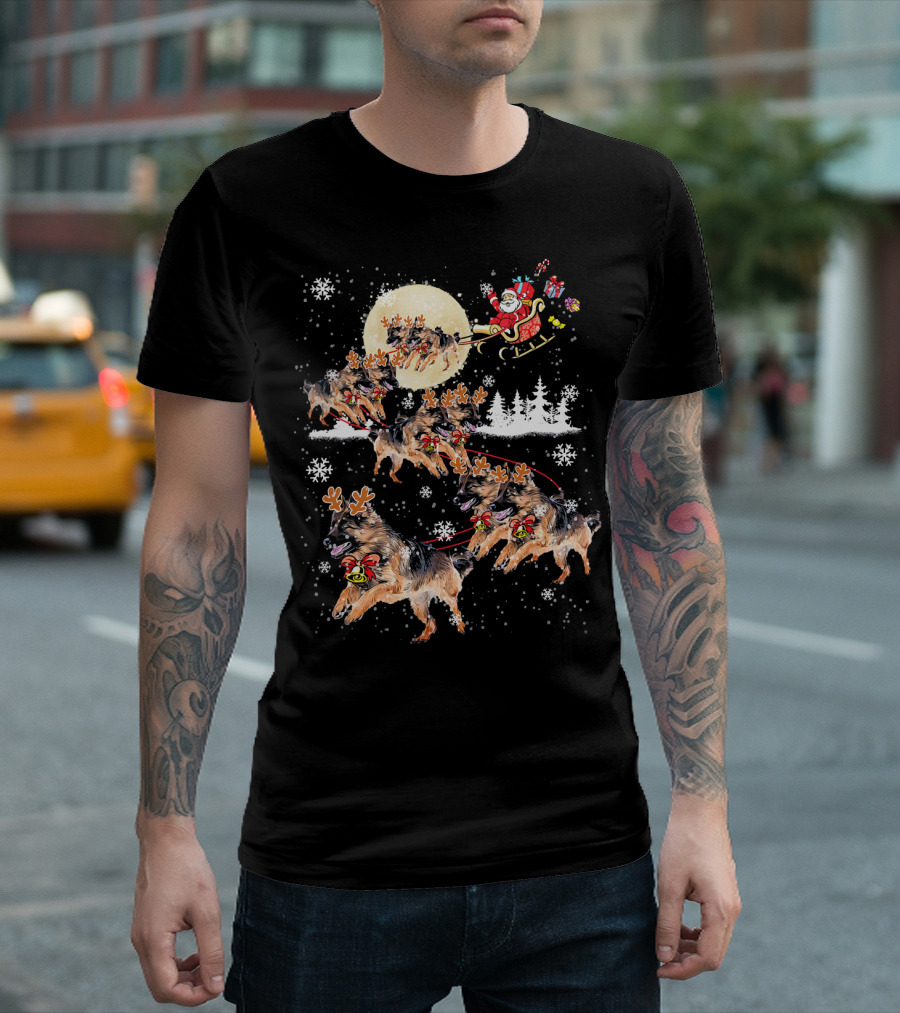 German Shepherd Dog Merry Santa Sleigh Christmas Snowflakes T-Shirt
