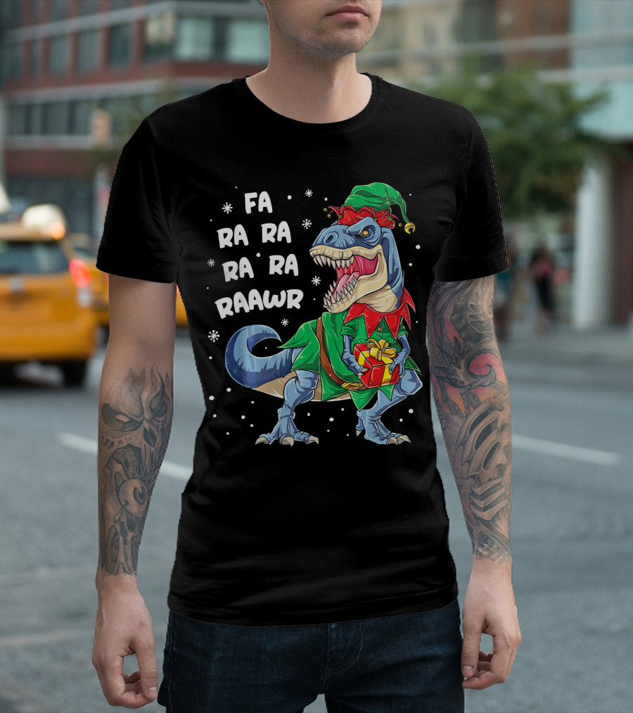 Fa Ra Ra Ra Ra Rawr Dinosaur Christmas Elf with Gift T-Shirt