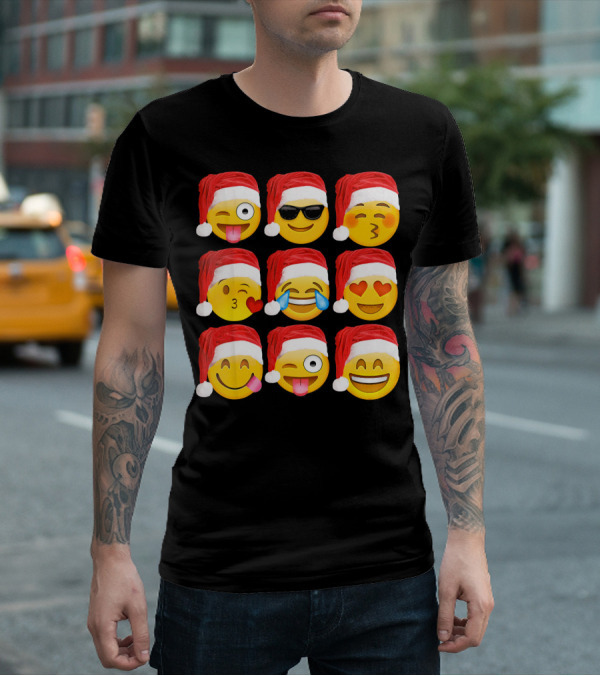 Emoji Christmas Santa Hats Heart Eyes Kiss Faces T-Shirt