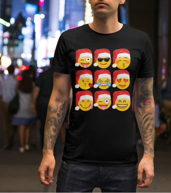 Emoji Christmas Santa Hats Heart Eyes Kiss Faces T-Shirt