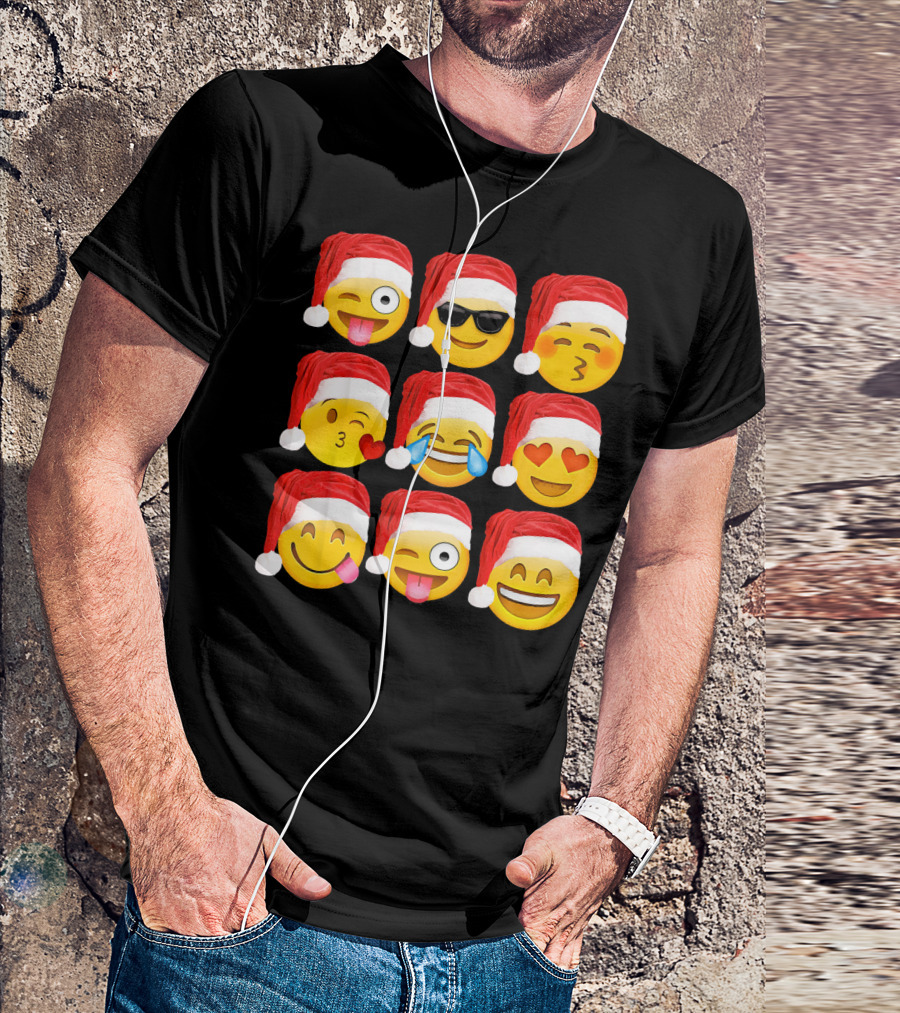 Emoji Christmas Santa Hats Heart Eyes Kiss Faces T-Shirt