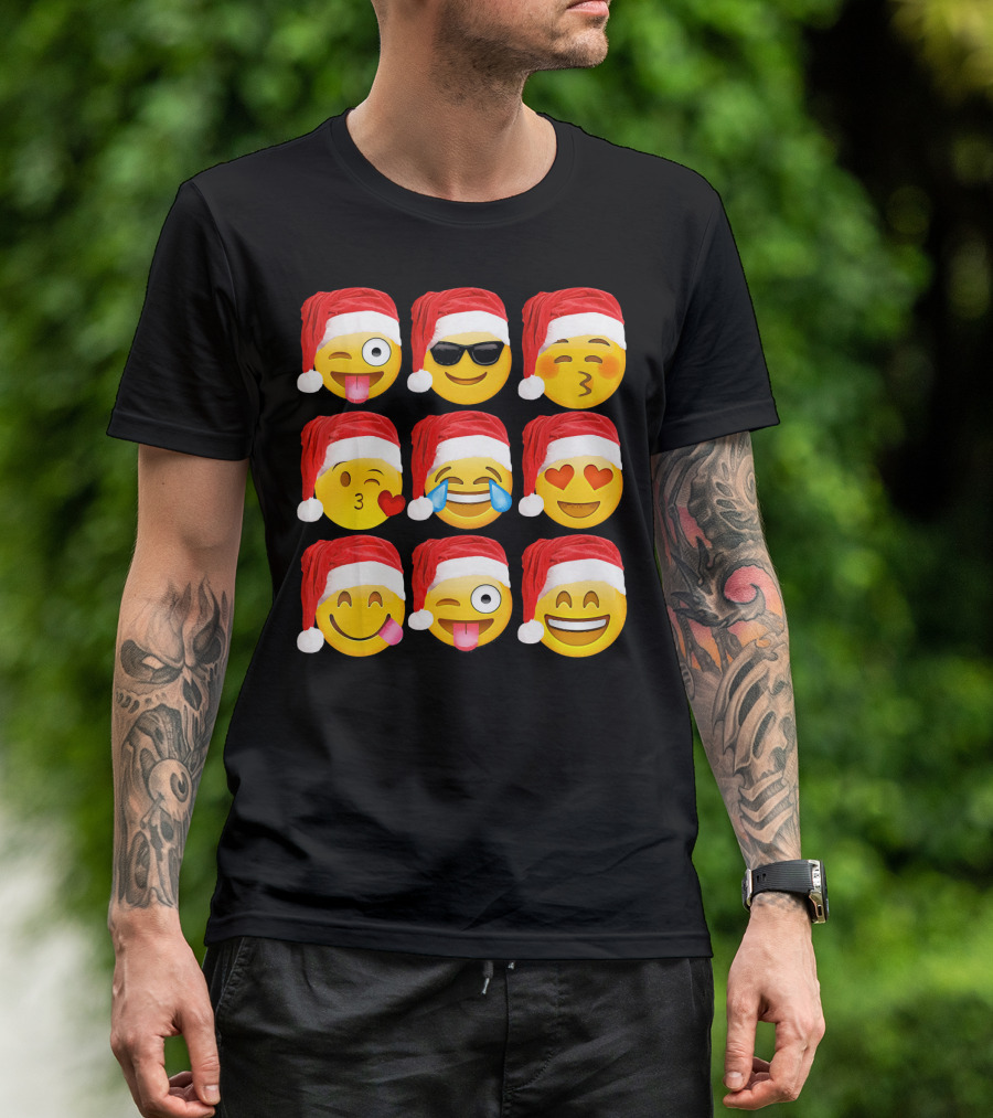 Emoji Christmas Santa Hats Heart Eyes Kiss Faces T-Shirt