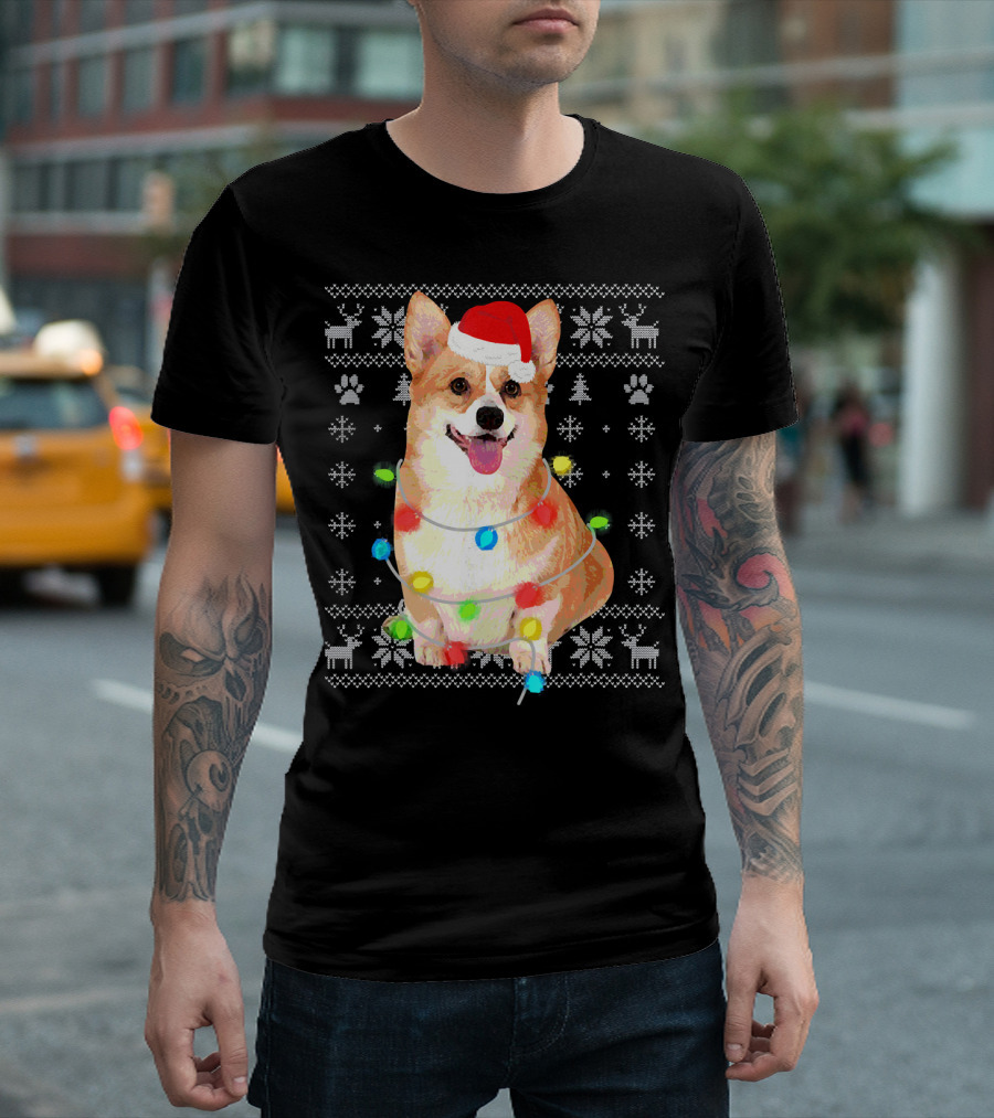 Corgi UglyStyle Christmas Lights Snowflakes Reindeer Dog T-Shirt