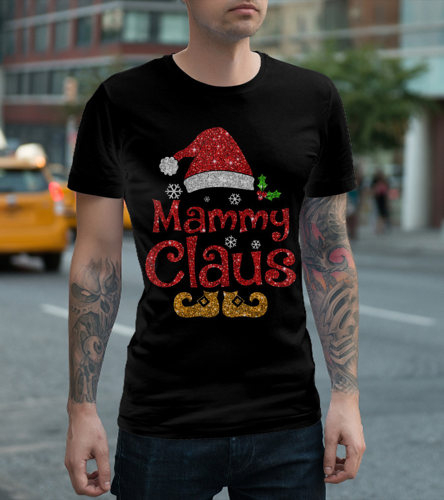 Mammy Claus Funny Santa Hat Snowflakes Holly Glitter Red Gold T-Shirt