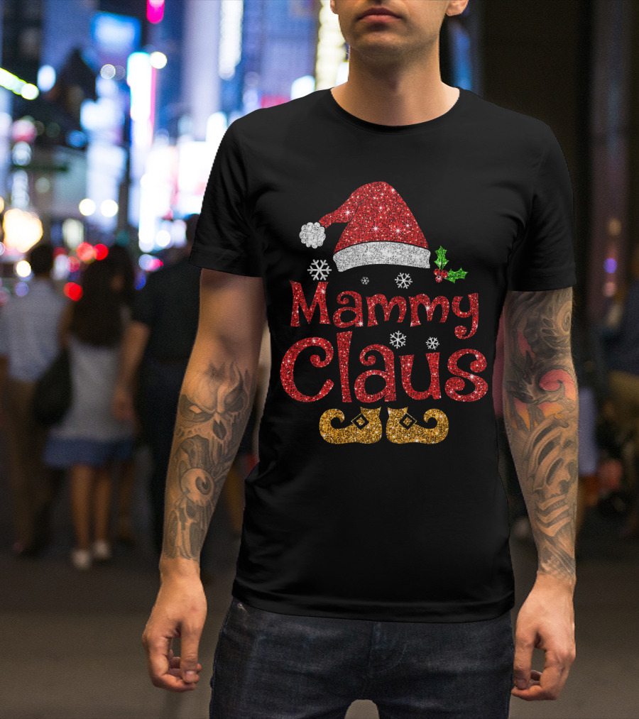 Mammy Claus Funny Santa Hat Snowflakes Holly Glitter Red Gold T-Shirt