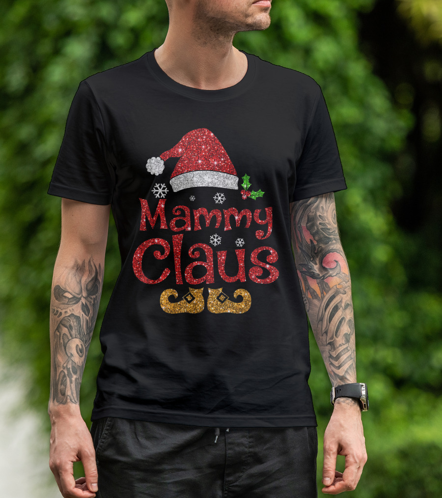 Mammy Claus Funny Santa Hat Snowflakes Holly Glitter Red Gold T-Shirt