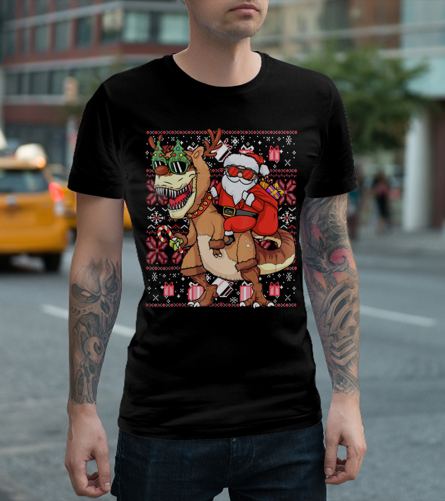 Santa Riding Trex Dinosaur Ugly Christmas T-Shirt