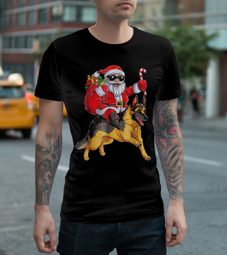 Santa Claus Riding German Shepherd with Candy Cane and Gifts T-Shirt
