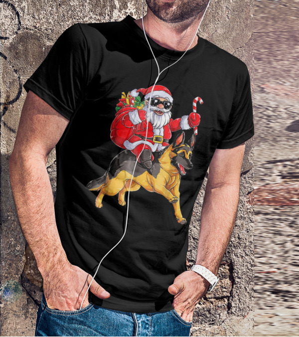Santa Claus Riding German Shepherd With Candy Cane And Gifts T-Shirt