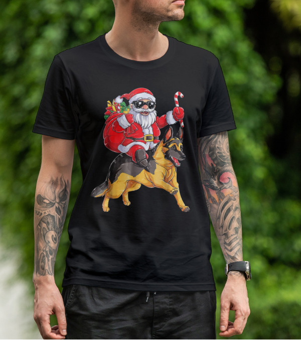 Santa Claus Riding German Shepherd With Candy Cane And Gifts T-Shirt