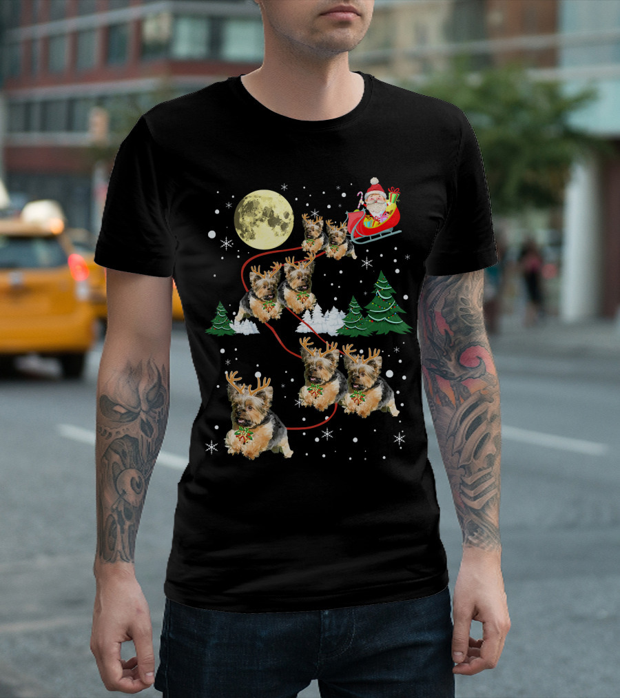 Funny Yorkie Christmas Santa Sleigh with Reindeer Puppies T-Shirt