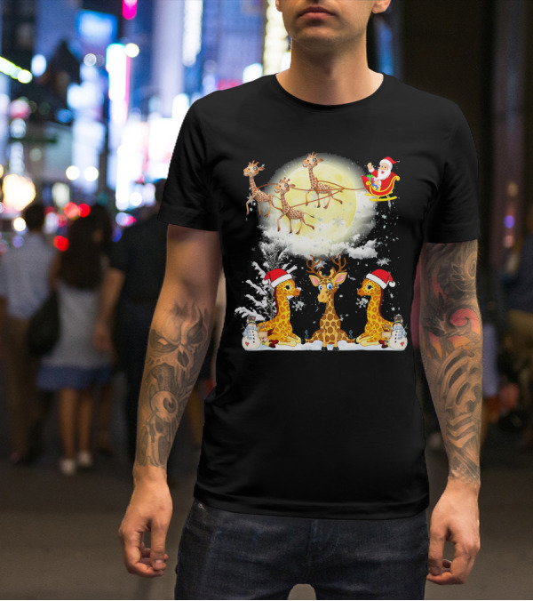 Santa's Sleigh Giraffes Christmas Moon Snowy Night Scene T-Shirt