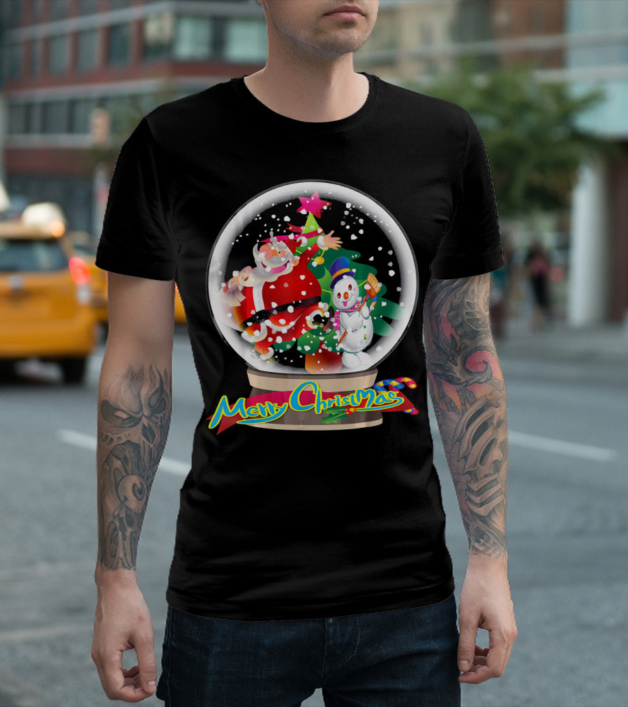 Merry Christmas Snow Globe Santa and Snowman Fun T-Shirt