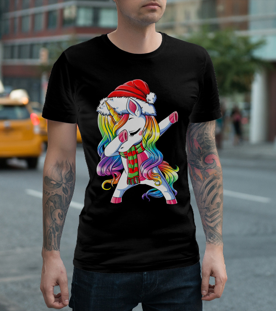 Dabbing Unicorn in Santa Hat with Rainbow Mane and Scarf for Christmas Girls T-Shirt