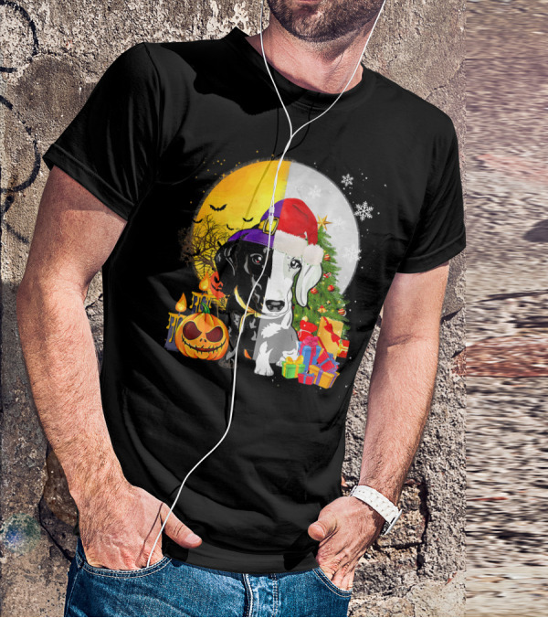 Dachshund Happy Halloween Merry Christmas Dual Holiday T-Shirt