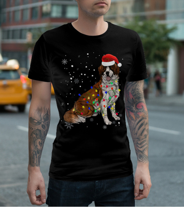 Bernard Dog Christmas Lights Santa Hat Snowflakes T-Shirt
