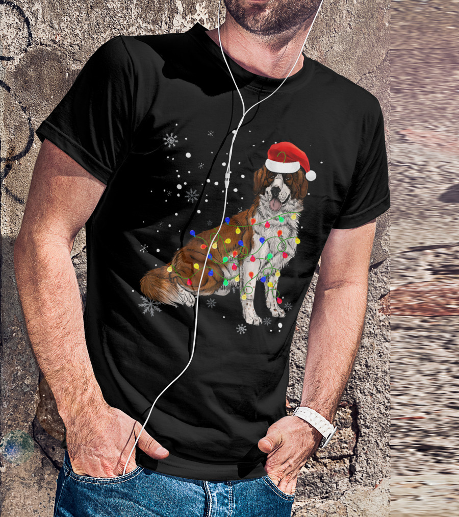 Bernard Dog Christmas Lights Santa Hat Snowflakes T-Shirt