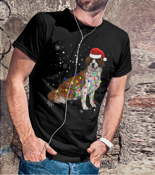 Bernard Dog Christmas Lights Santa Hat Snowflakes T-Shirt