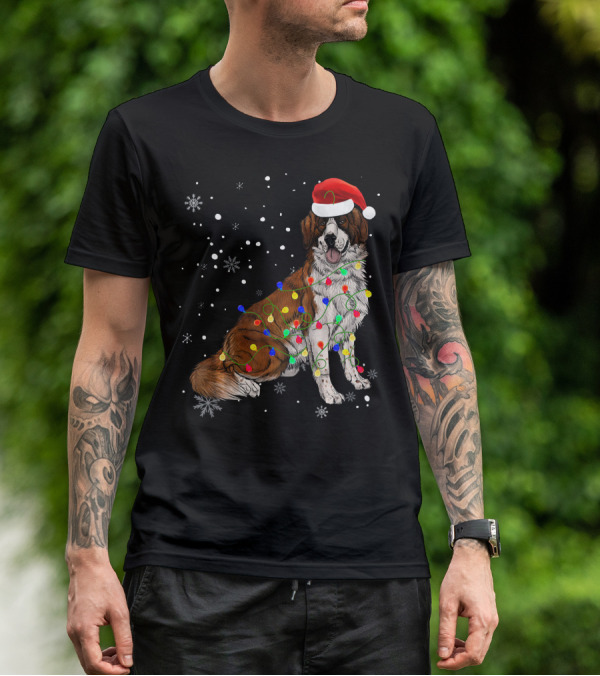 Bernard Dog Christmas Lights Santa Hat Snowflakes T-Shirt