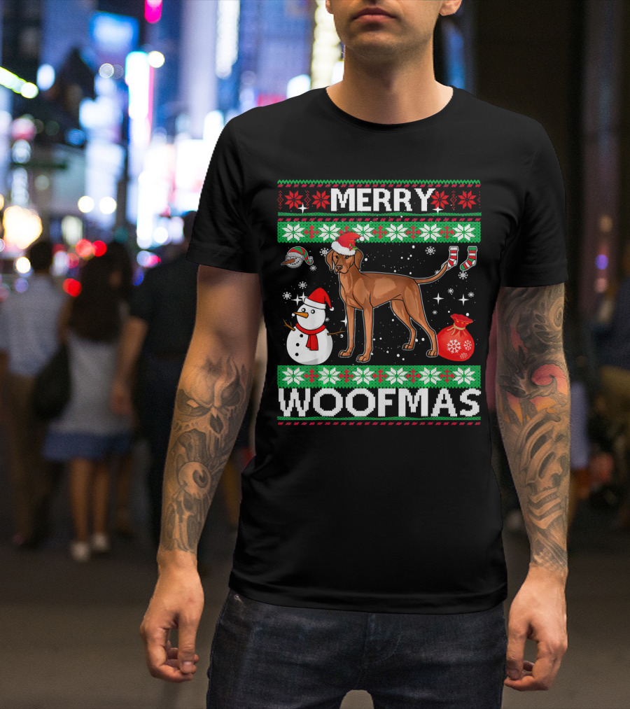Merry Woofmas Vizsla Dog Festive Snowman Santa Hat T-Shirt