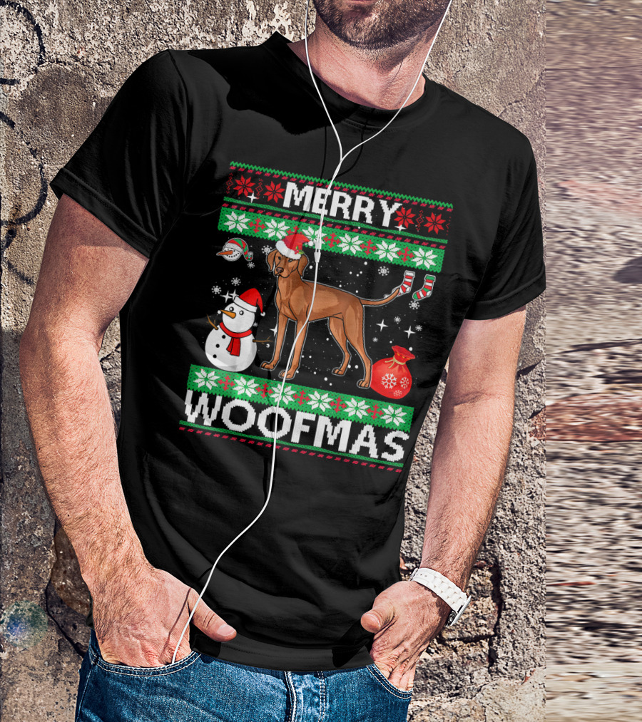 Merry Woofmas Vizsla Dog Festive Snowman Santa Hat T-Shirt