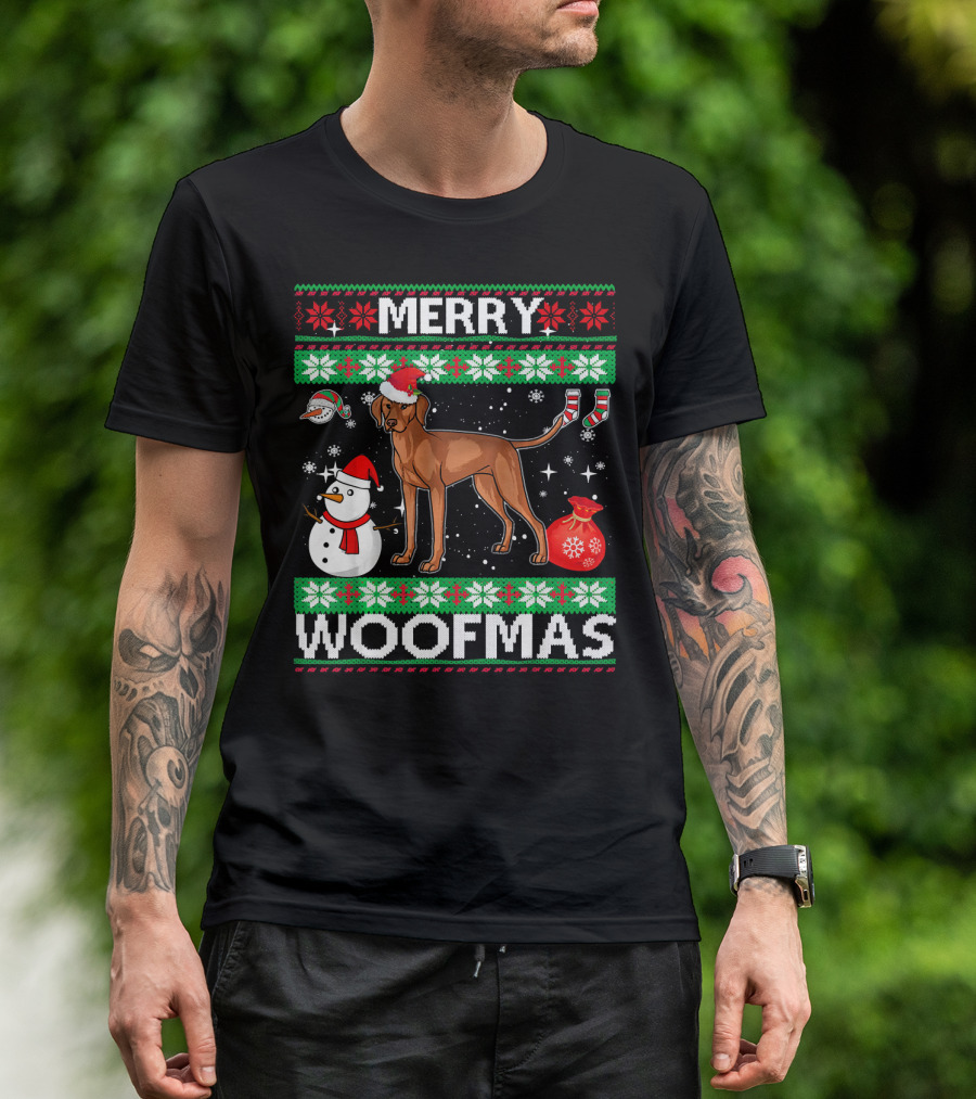Merry Woofmas Vizsla Dog Festive Snowman Santa Hat T-Shirt