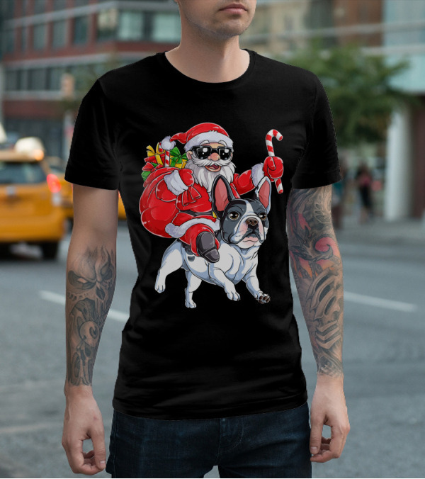 French Bulldog Christmas Santa Claus Cane Sleigh T-Shirt