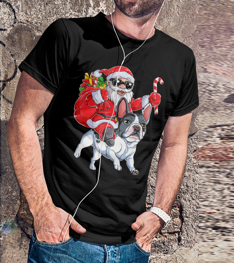 French Bulldog Christmas Santa Claus Cane Sleigh T-Shirt