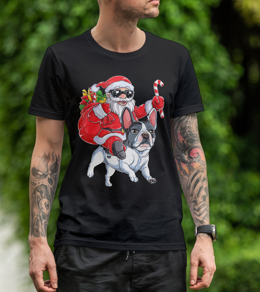 French Bulldog Christmas Santa Claus Cane Sleigh T-Shirt