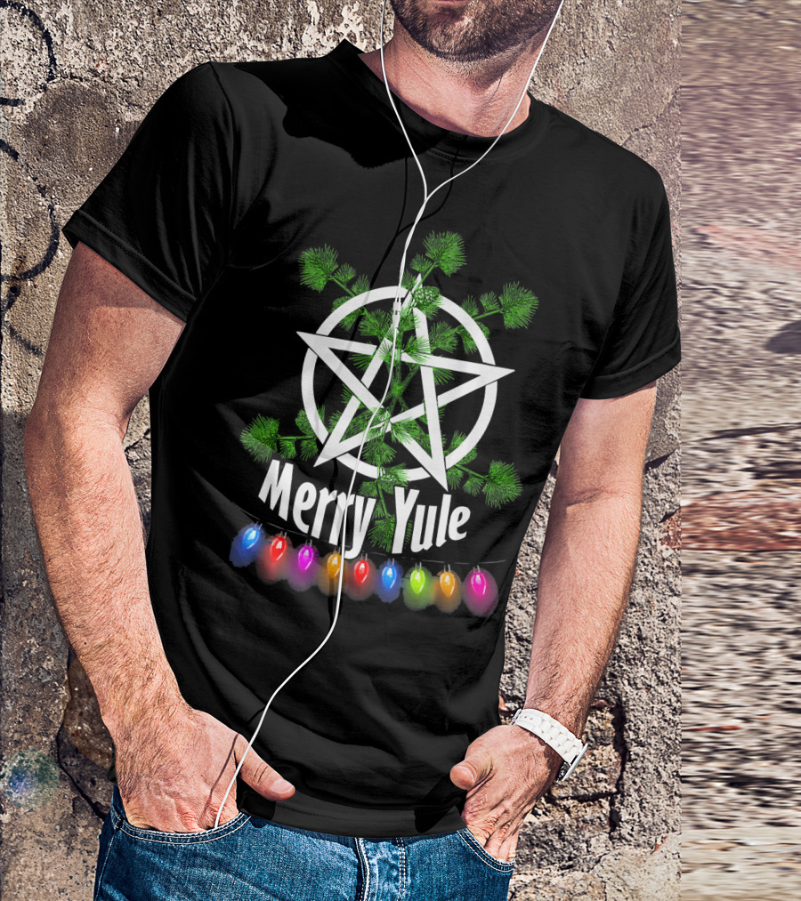 Merry Yule Pentagram With Pine Branches And Festive Colorful Lights T-Shirt