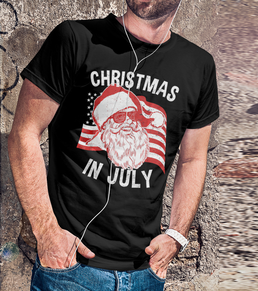 Christmas In July Retro Hipster Santa With American Flag And Shades T-Shirt