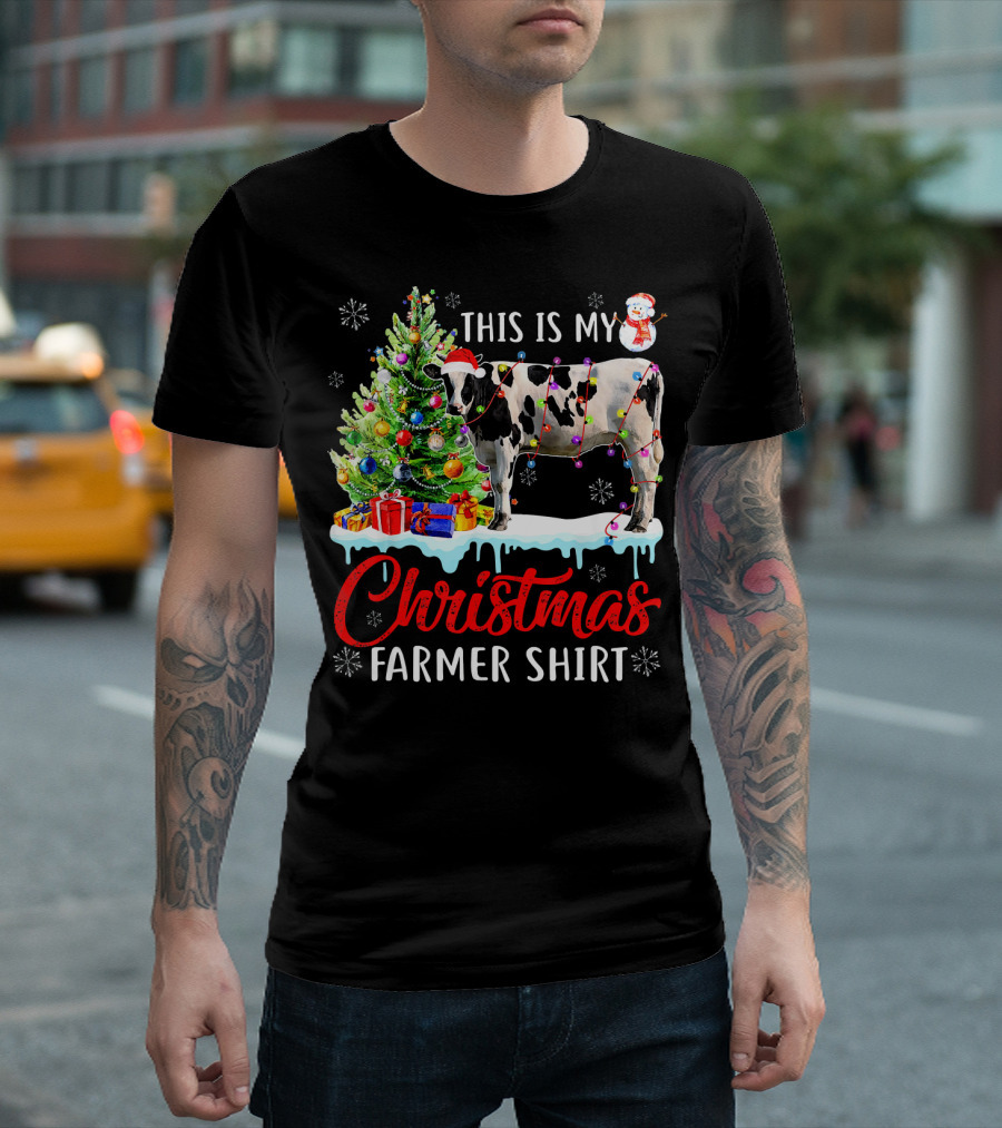 This Is My Christmas Farmer Shirt Cow Santa Hat Snowman Lights Tree T-Shirt