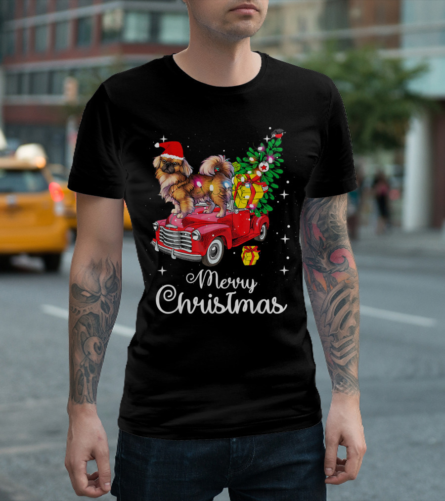 Merry Christmas Pekingese Rides Red Truck with Santa Hat and Holiday Gifts T-Shirt