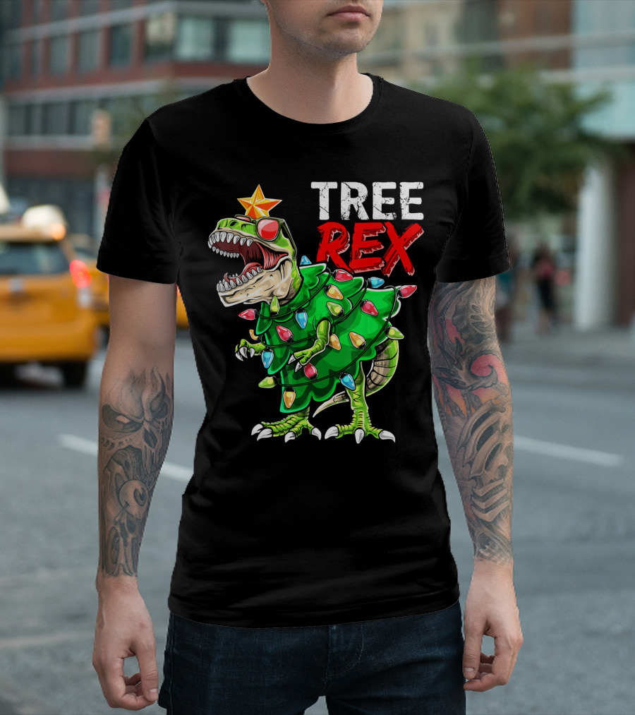 Tree Rex Dinosaur Christmas Tree With Festive Lights And Star T-Shirt