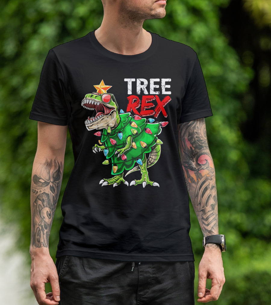 Tree Rex Dinosaur Christmas Tree With Festive Lights And Star T-Shirt