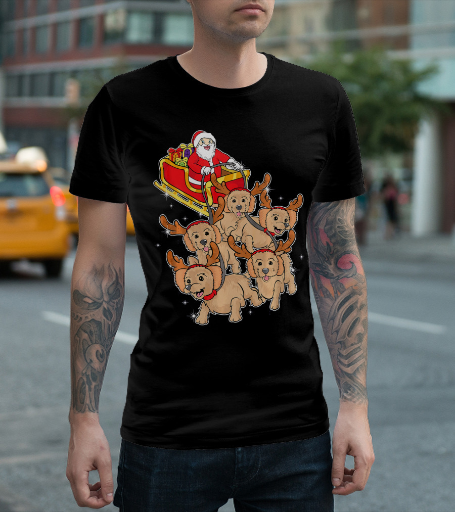 Santa Riding Sleigh With Adorable Goldendoodles As Reindeer T-Shirt