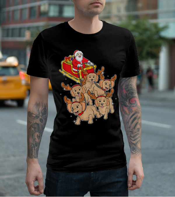 Santa Riding Sleigh With Adorable Goldendoodles As Reindeer T-Shirt