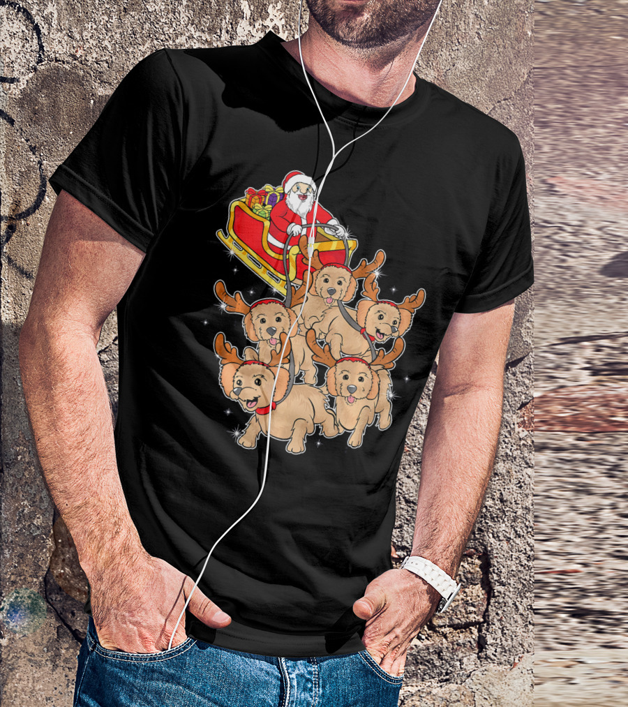 Santa Riding Sleigh With Adorable Goldendoodles As Reindeer T-Shirt