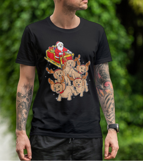 Santa Riding Sleigh With Adorable Goldendoodles As Reindeer T-Shirt