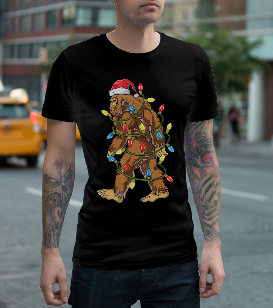 Bigfoot Santa Wrapped in Christmas Lights T-Shirt