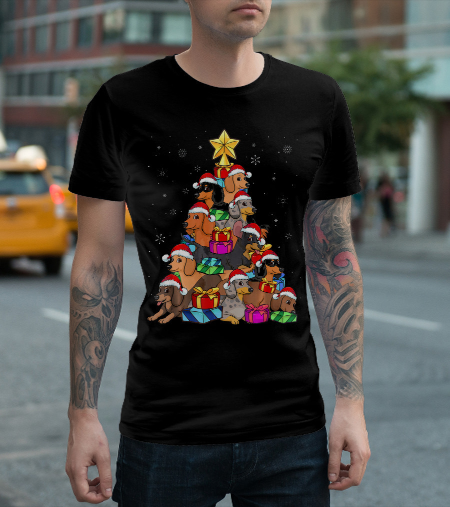 Dachshund Christmas Tree with Santa Hats and Gifts in Snowfall T-Shirt