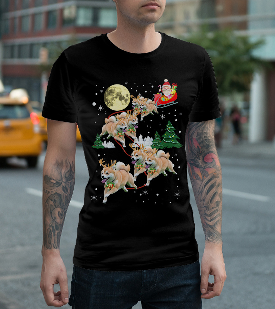 Santa's Shiba Inu Sleigh Ride Under Full Moon T-Shirt