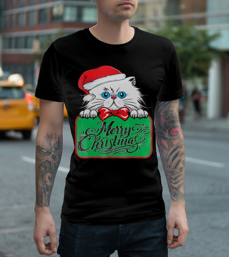Merry Christmas Cute Cat with Santa Hat and Bow Tie T-Shirt