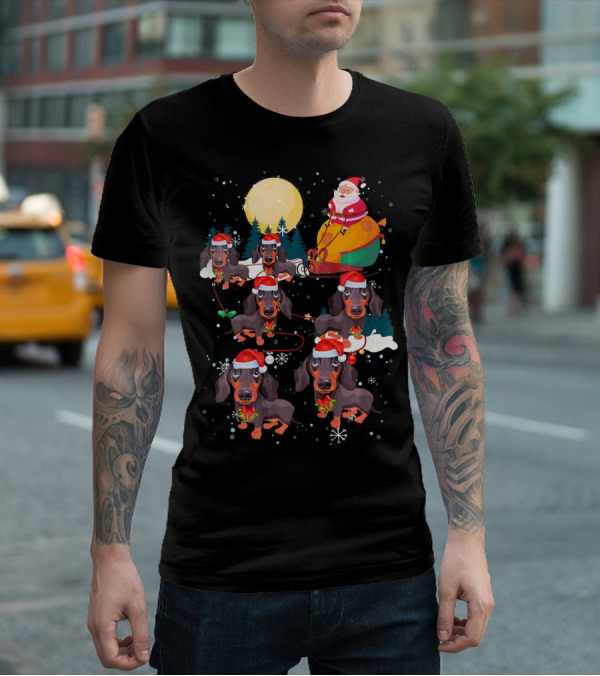 Santa Riding Sleigh With Dachshund Reindeer Under Full Moon T-Shirt