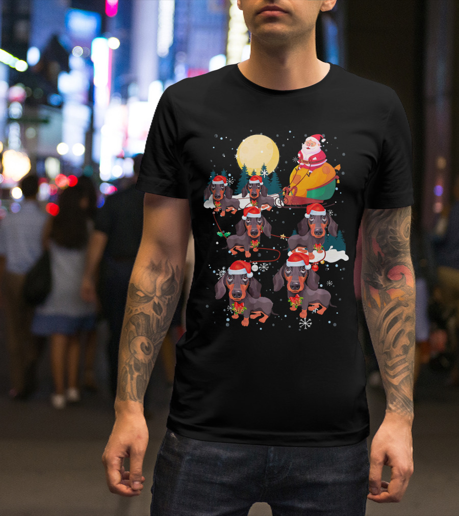 Santa Riding Sleigh With Dachshund Reindeer Under Full Moon T-Shirt