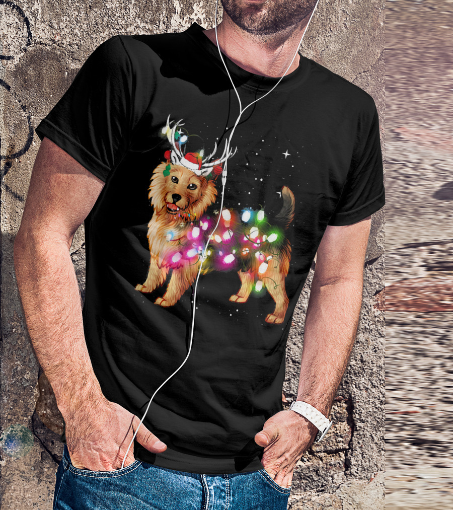 Australian Terrier With Christmas Lights And Reindeer Antlers T-Shirt