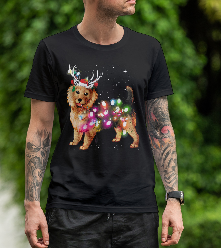 Australian Terrier With Christmas Lights And Reindeer Antlers T-Shirt